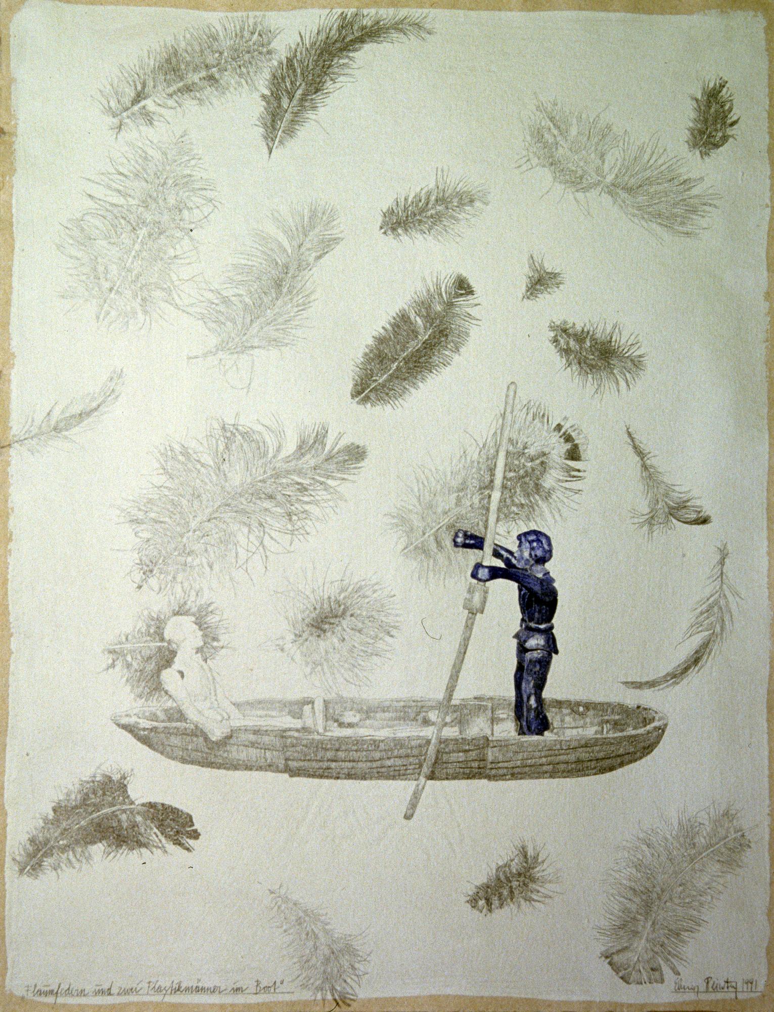 Elmar Peintner - Flaumfedern und zwei Plastikmänner im Boot